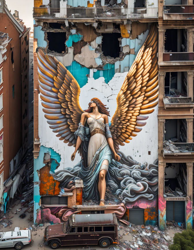 Detailed mural of angel with outstretched wings on urban decay backdrop