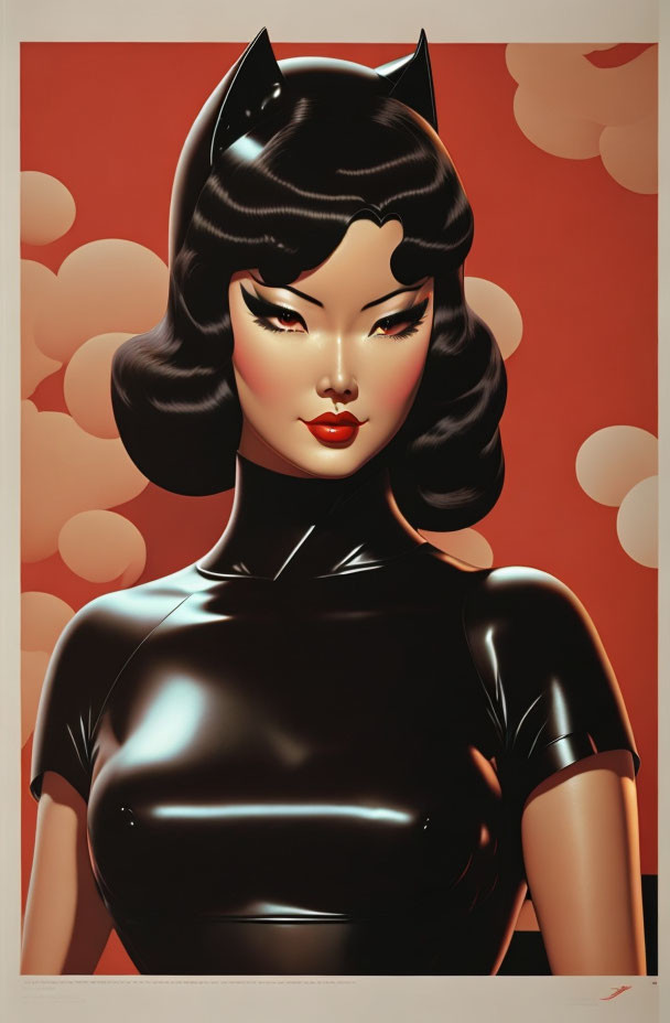 Stylized woman in black catsuit with cat-ear headpiece on red backdrop