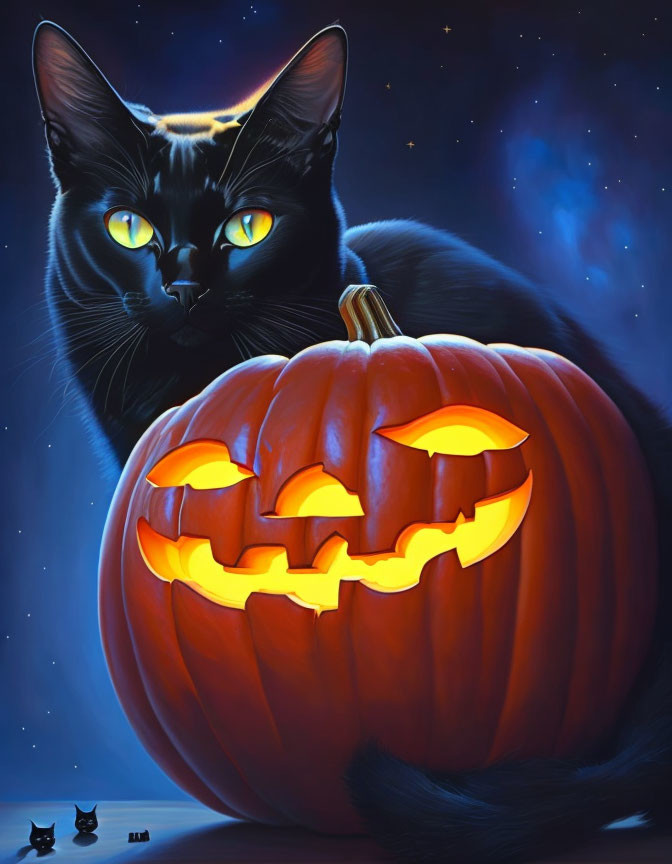 Black cat with glowing yellow eyes next to carved pumpkin under crescent moon