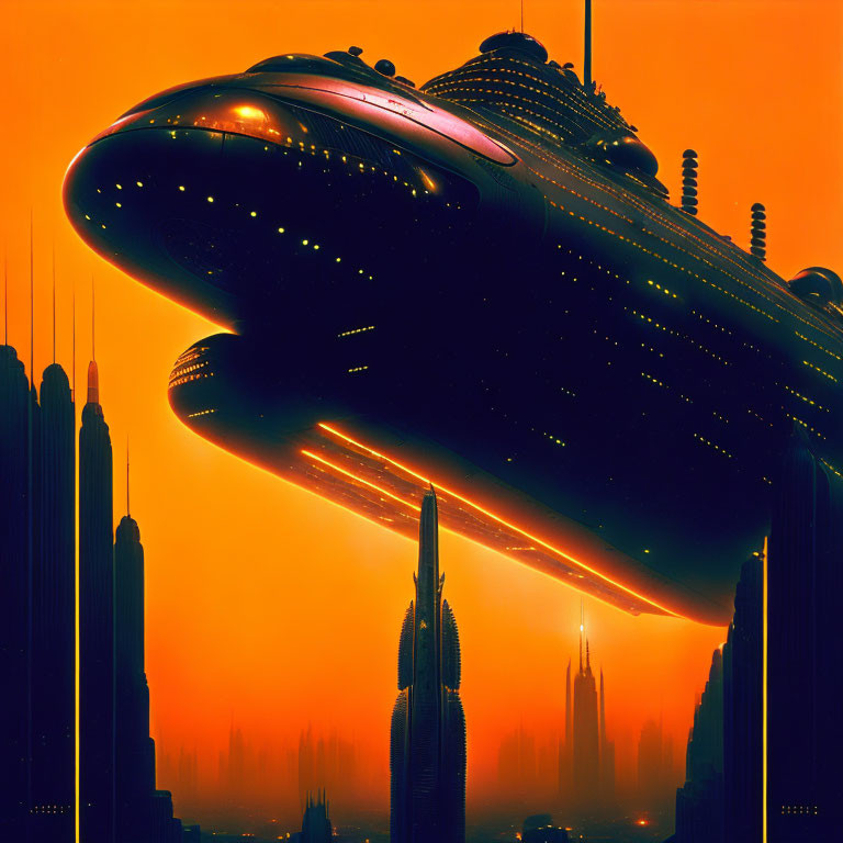 Futuristic cityscape with hovering spaceship at dusk