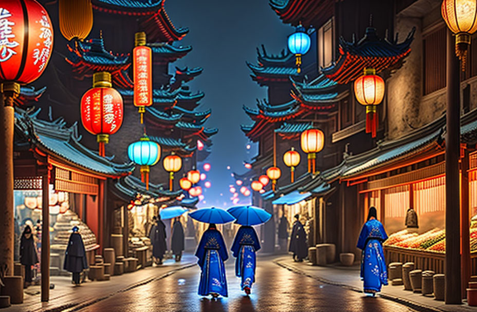 Traditional Asian Street Night Scene with Red Lanterns and People Strolling