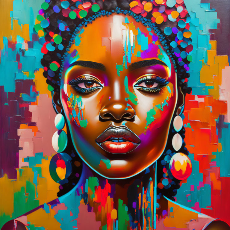 Colorful graffiti-style portrait of a woman with paint-dripping effect and multicolored background