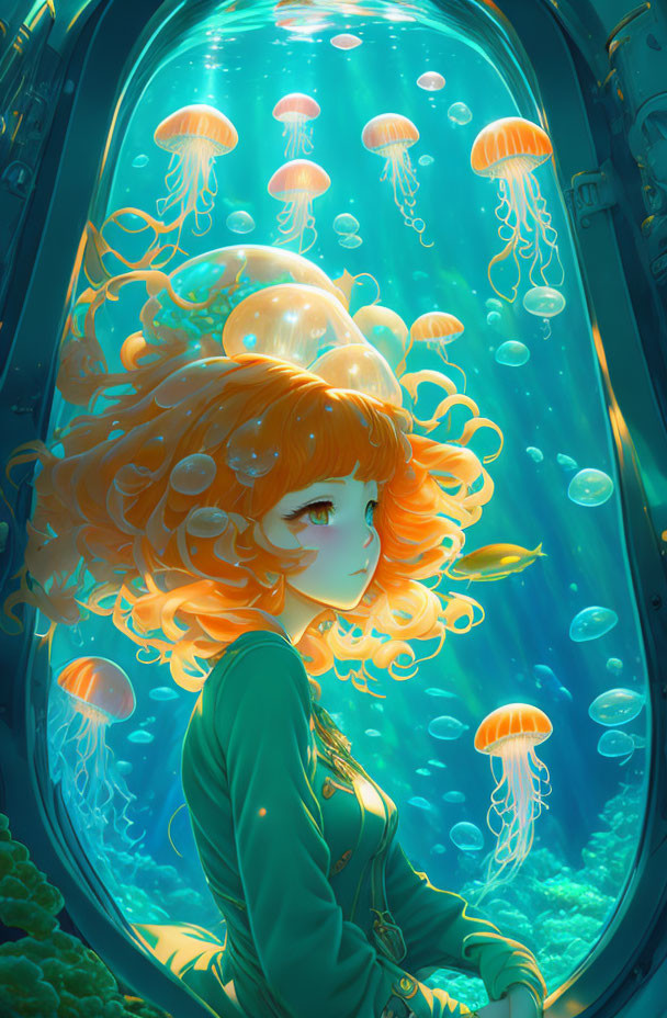 Orange-Haired Anime Girl in Underwater Scene with Glowing Jellyfish