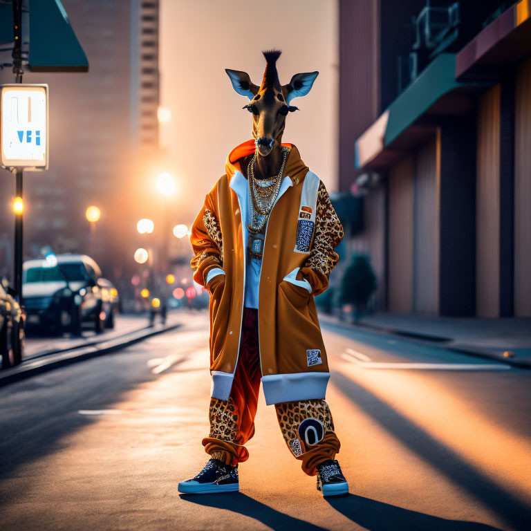 Urban giraffe in trendy attire on city street