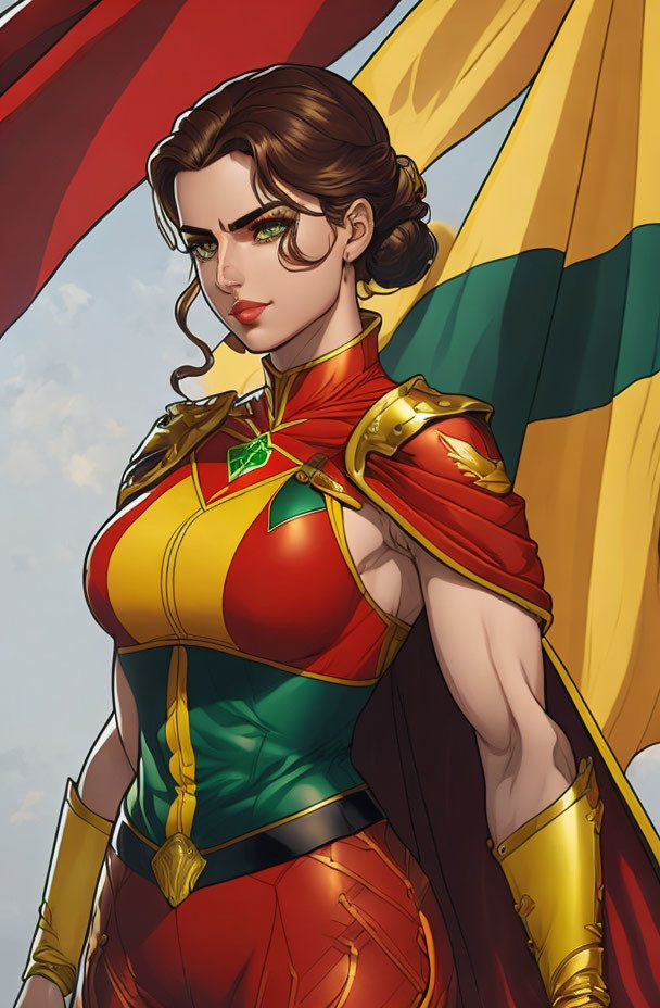 Female superhero in red and gold costume with green accents and cape against cloudy sky.