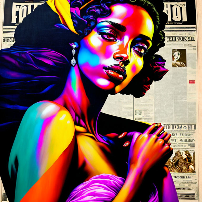 Vibrant pop art portrait of woman in dramatic pose with newspaper background.