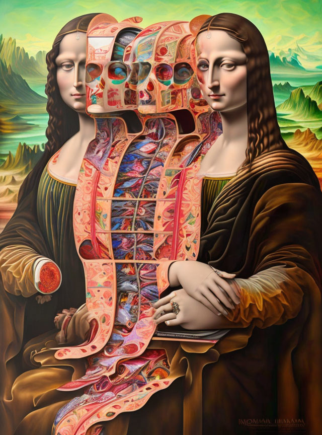 Surreal adaptation of Mona Lisa with peeling layers revealing inner anatomy