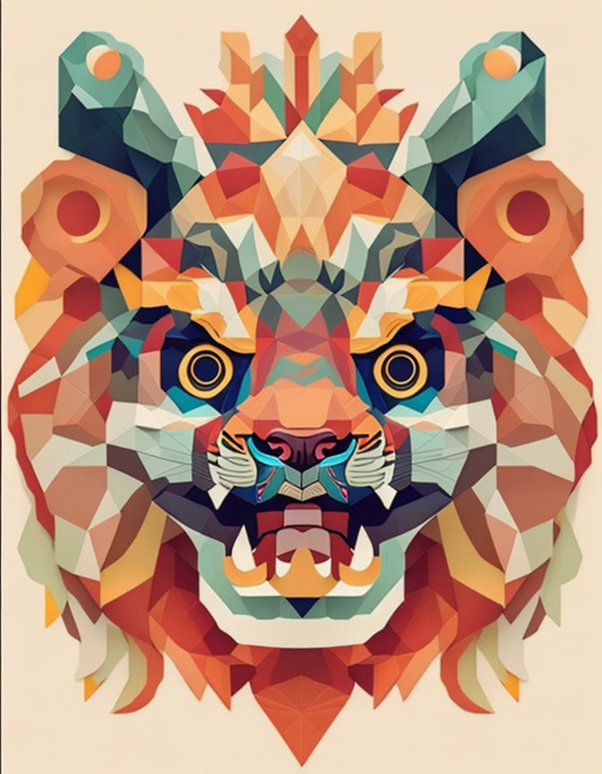 Geometric Lion Face Art in Vibrant Warm Tones