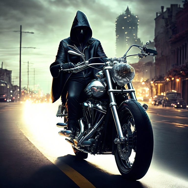 Mysterious figure in black leather jacket on motorcycle at dusk