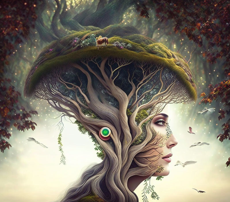 Surreal illustration: woman with head as tree, house, peacock feathers, flying birds