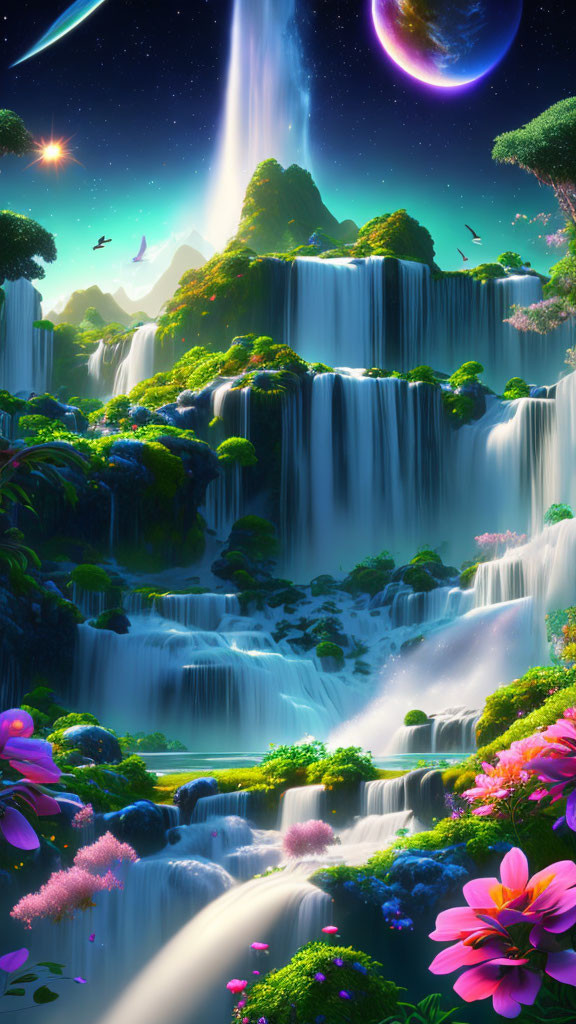 Colorful Fantasy Waterfall Landscape with Celestial Elements