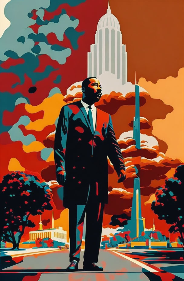 Colorful Illustration of Confident Man in Suit with Cityscape