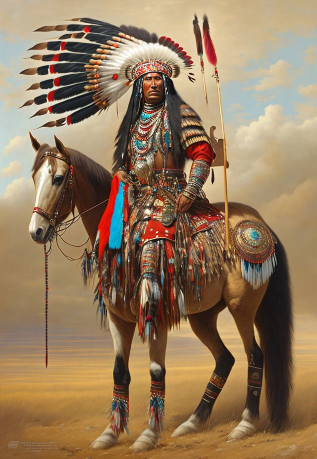 Native American chief in traditional attire with feather headdress holding a spear beside a horse under a cloudy sky