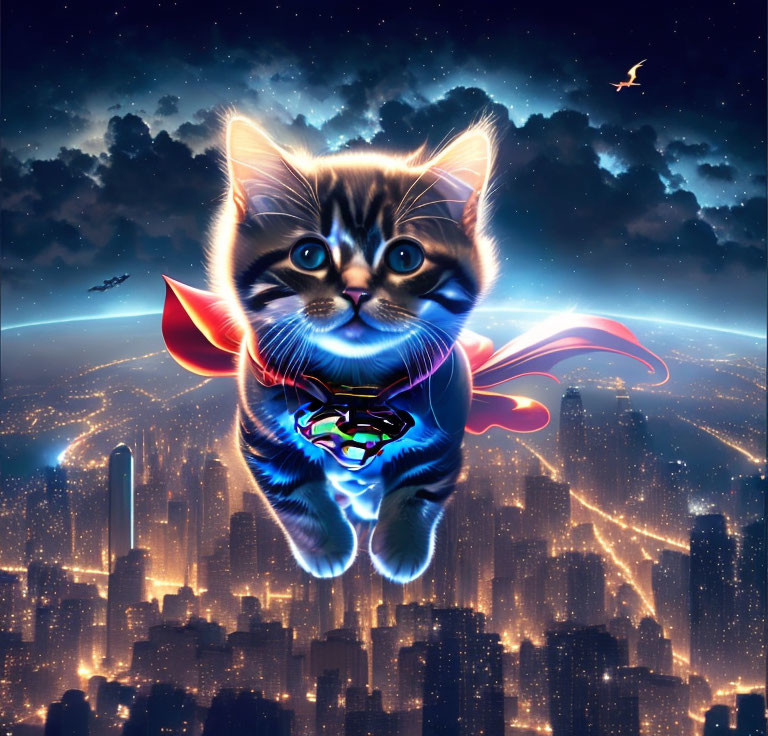 Whimsical kitten in Superman costume flying over glowing cityscape