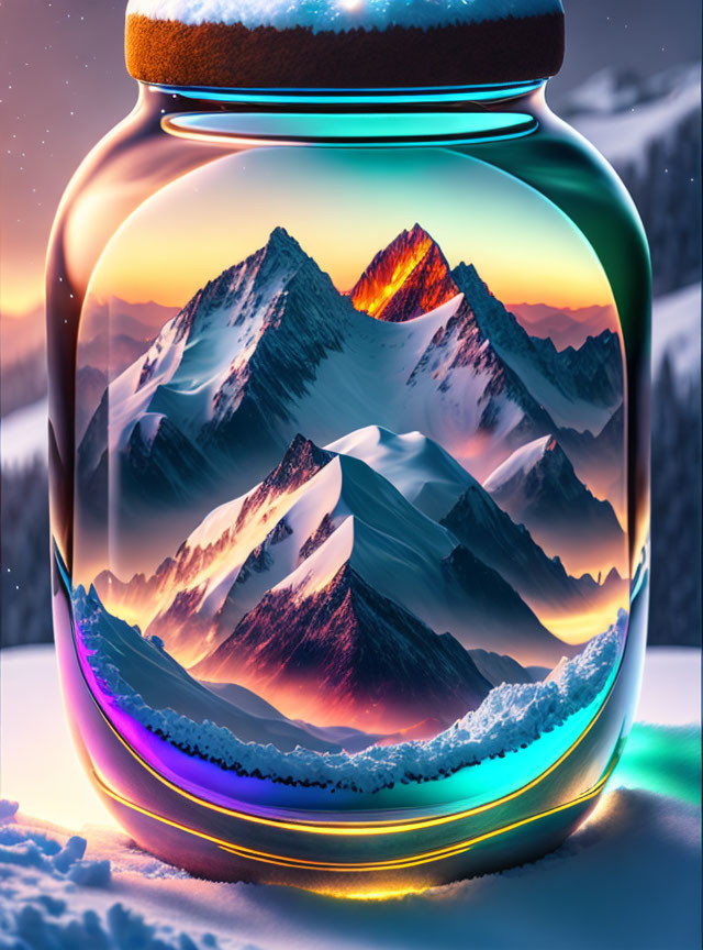 Glass jar capturing surreal mountain landscape at sunset