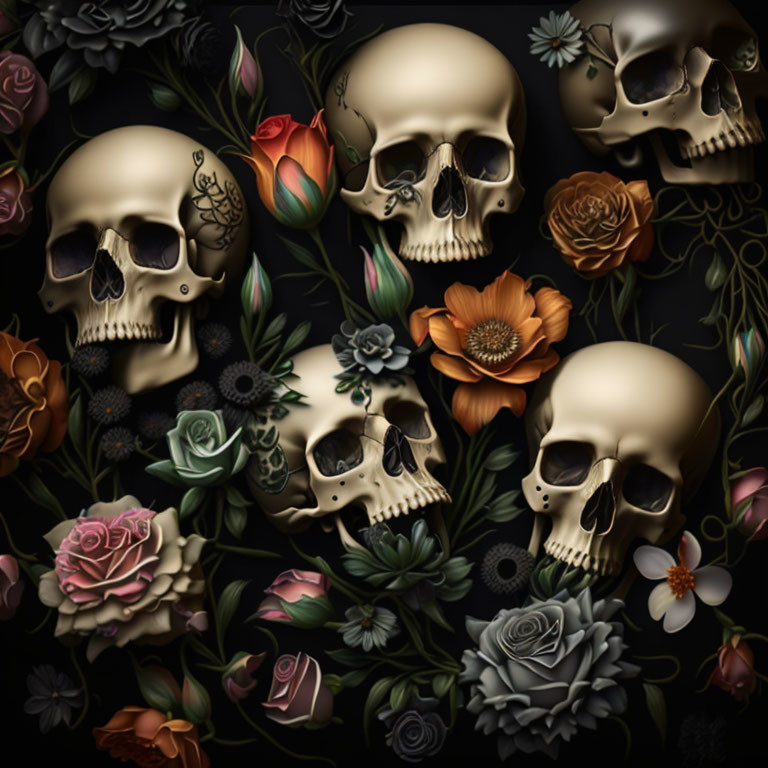 Colorful flowers with human skulls on dark background