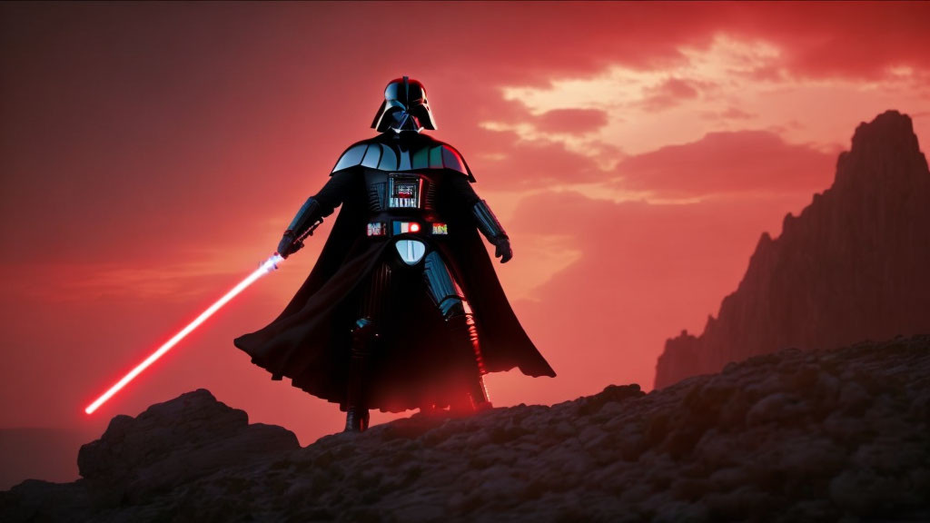 Sith Lord with red lightsaber in dramatic landscape