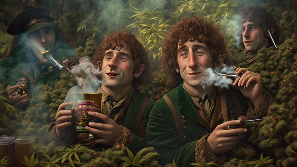 Fictional characters resembling hobbits relaxing in lush plant-filled setting