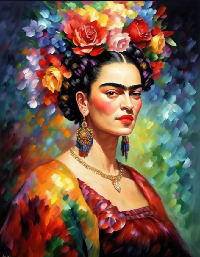 Colorful portrait of a woman with floral headdress and traditional earrings