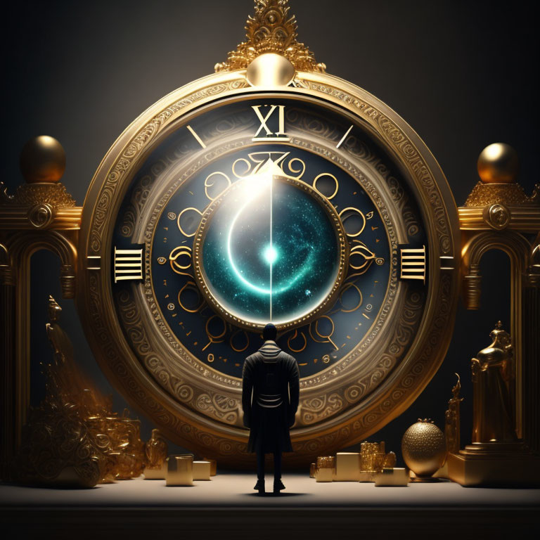 Person standing before giant ornate clock with cosmic galaxy and mystical atmosphere