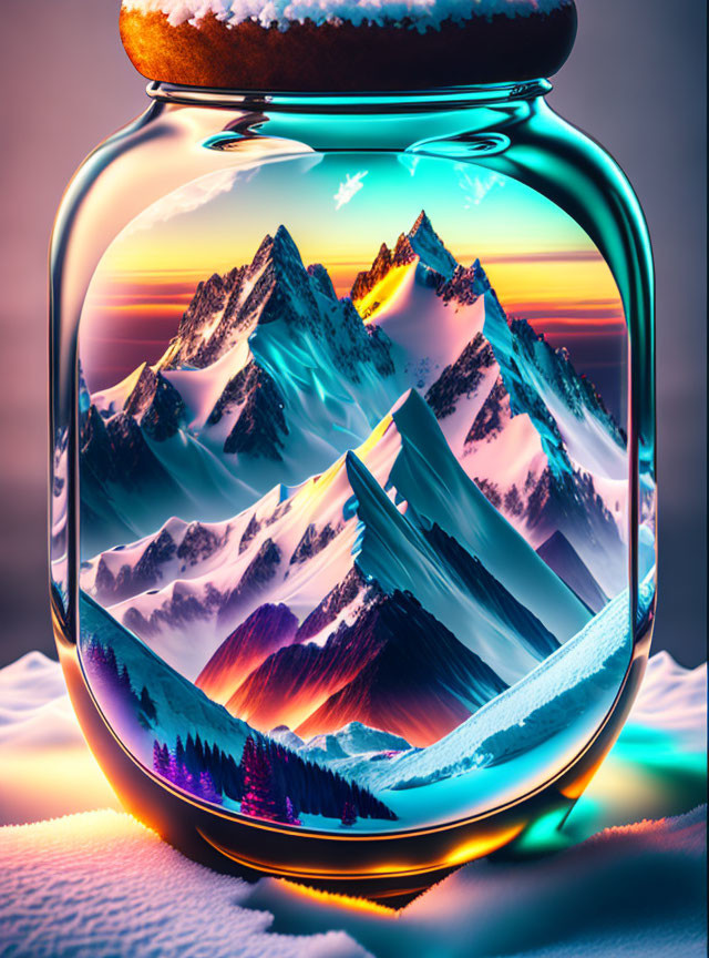 Glass jar with snowy mountain range under sunset sky on white surface