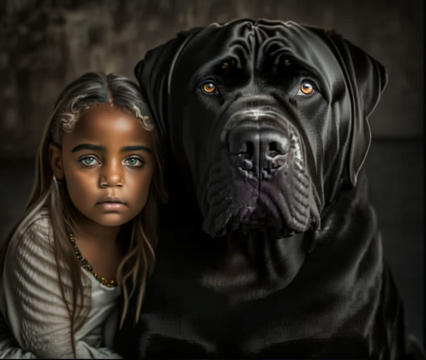 Young girl with blue eyes and large black dog against dark background