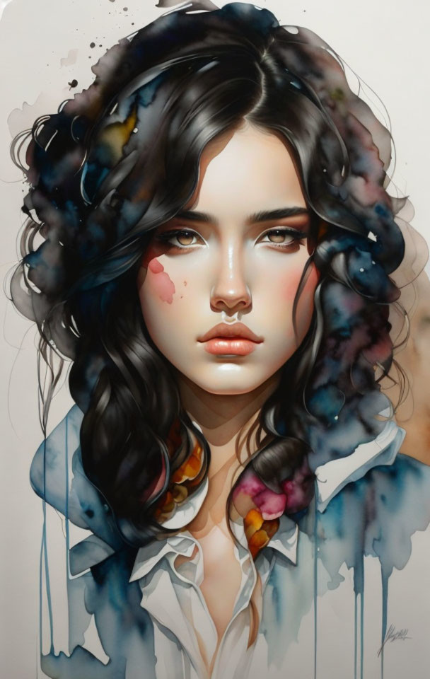 Dark-haired woman in surreal portrait with vivid watercolor smudges