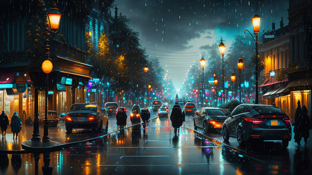 Colorful city lights illuminate rain-drenched street at dusk