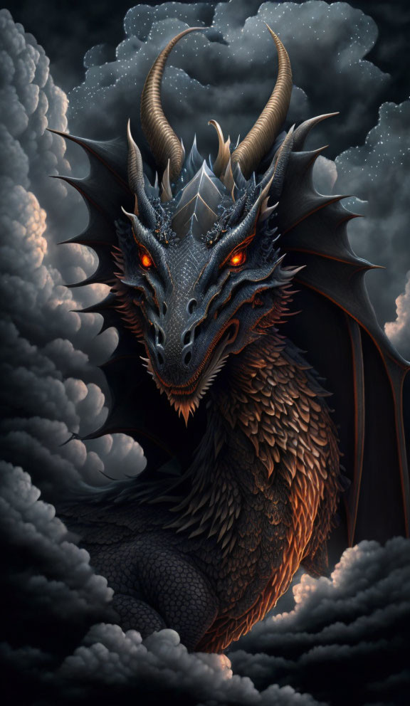 Majestic dragon with horns and glowing red eyes in stormy clouds