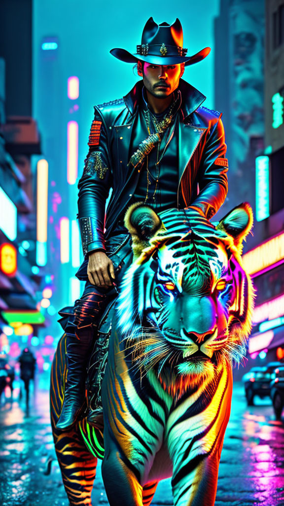 Cowboy in neon cyberpunk attire rides colorful tiger in futuristic cityscape