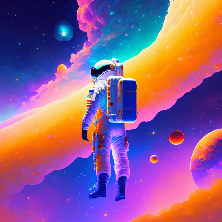 Astronaut floating in vibrant cosmic scene