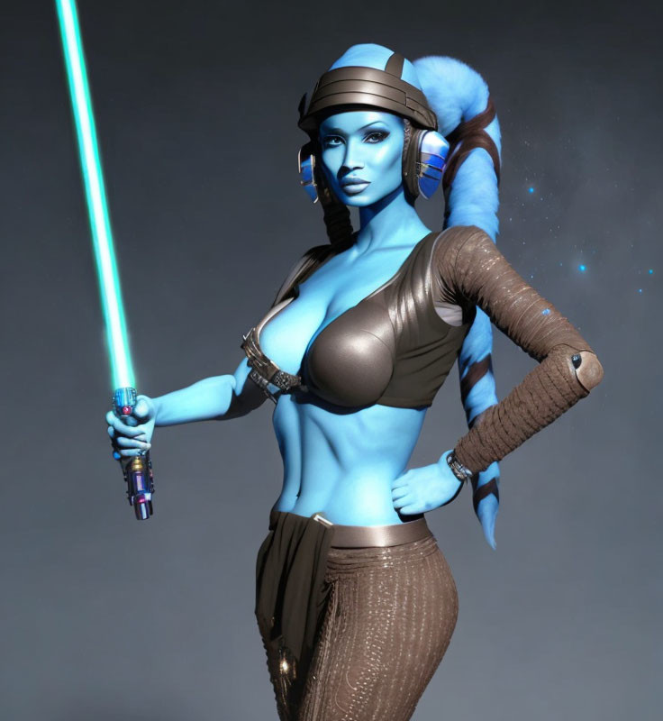 Blue-Skinned Female Alien in Futuristic Clothing with Lightsaber