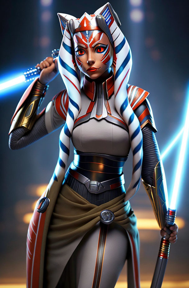 Detailed 3D illustration of white and blue headtails Ahsoka Tano with orange face and