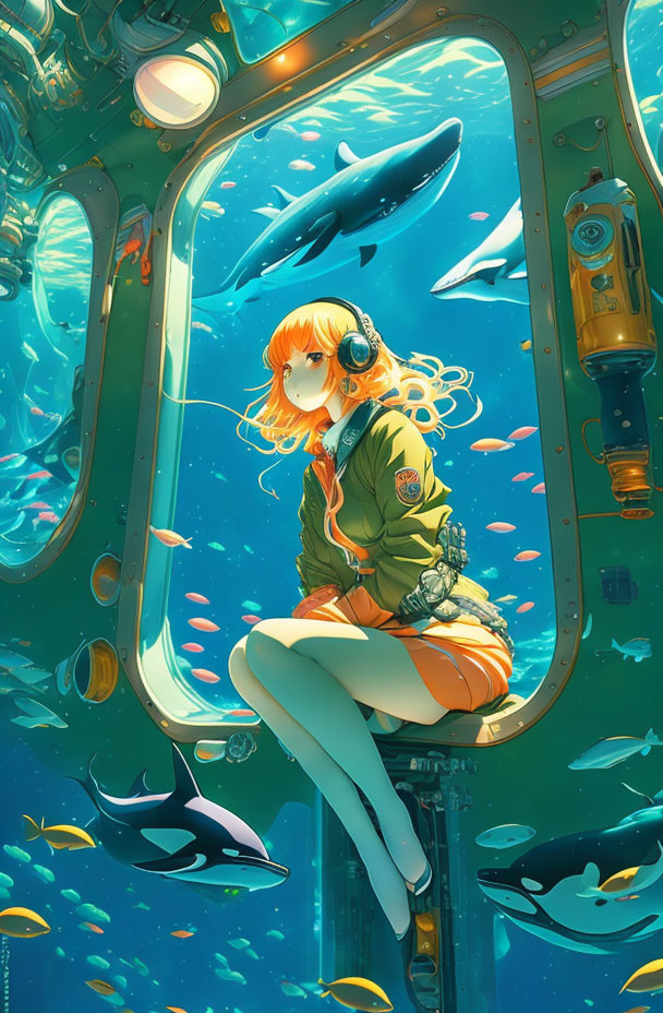 Girl with Orange Hair Listening to Music in Submarine Window Surrounded by Underwater Scene with Fish and