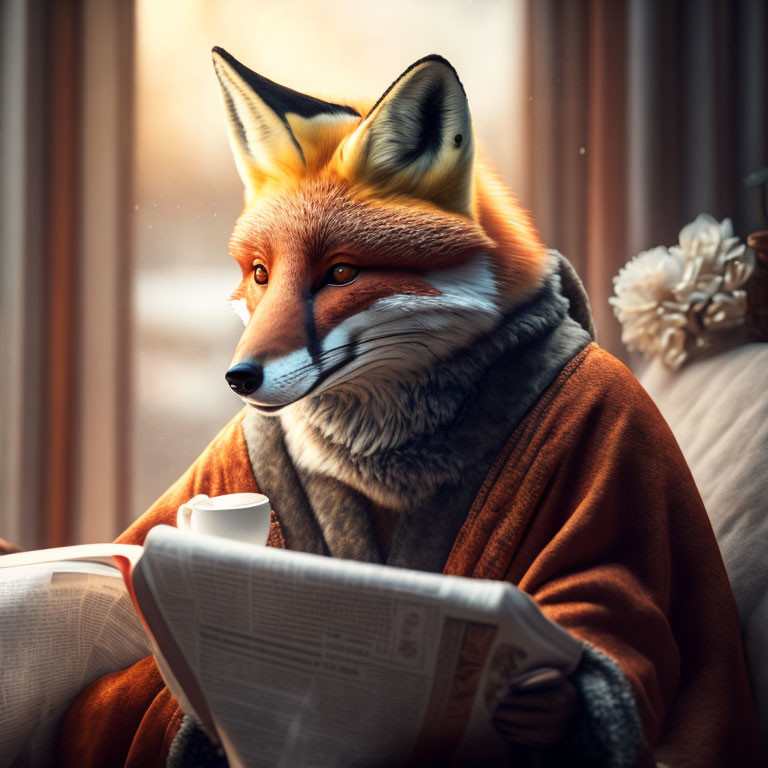 Fox with human-like features reading newspaper by window