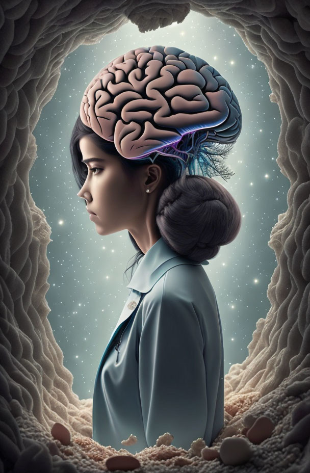 Surreal illustration: woman with exposed brain in head silhouette