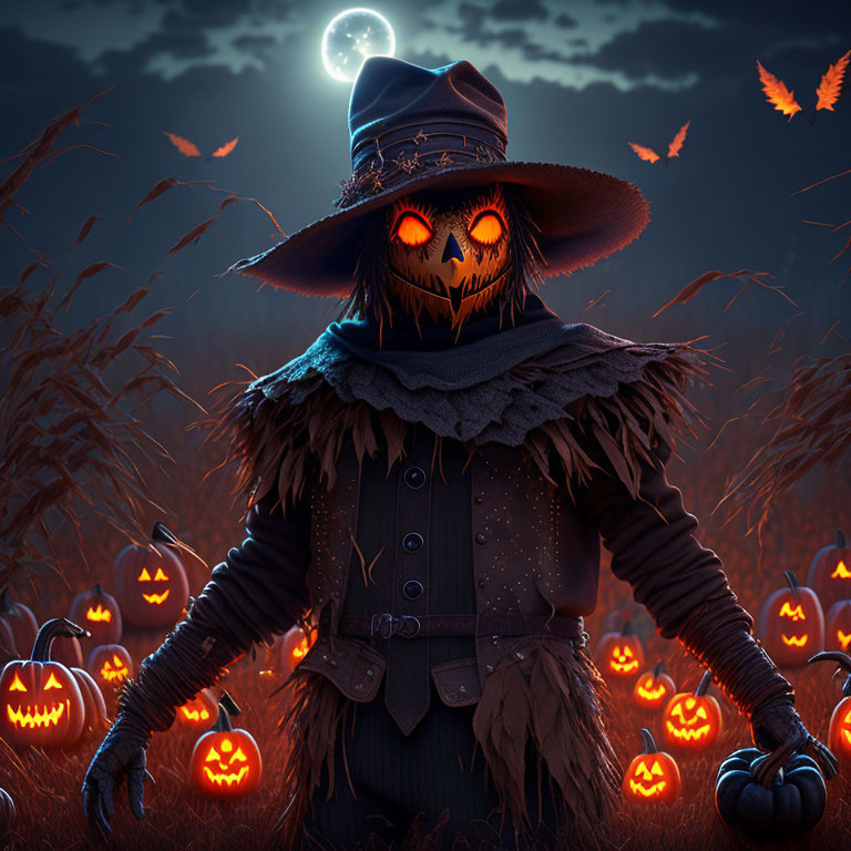 Spooky scarecrow with glowing red eyes in moonlit field