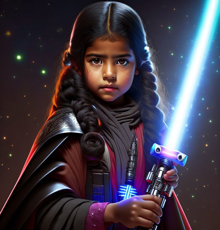 Young girl in Jedi costume with lightsaber on starry backdrop