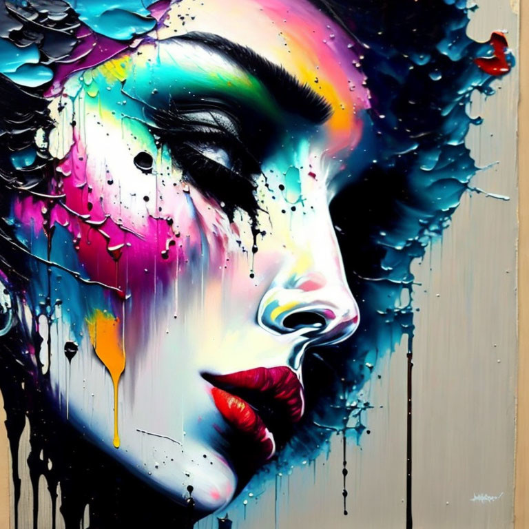 Colorful painting: Woman's face with dripping paint details