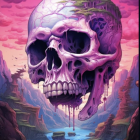 Vibrant surreal artwork: large skull in purple and pink hues, fantasy landscape with cliffs, river