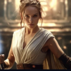 Female character with Jedi-like hairstyle wields blue lightsaber in futuristic setting