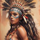 Woman in Native American headdress with feathers and tribal makeup on warm background