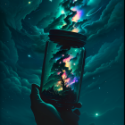 Jar with vibrant galaxy and forest silhouette on cosmic background