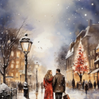 Couple walking in snow-covered street under twilight sky