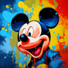 Colorful Mickey Mouse painting on splattered background.