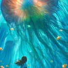 Girl surrounded by glowing jellyfish underwater