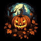 Spooky Halloween illustration with menacing pumpkin, jack-o'-lanterns, trees, and full moon