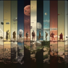 Futuristic characters and landscapes in vertical panels with sci-fi theme