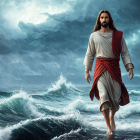 Religious figure walking on stormy ocean with dark skies