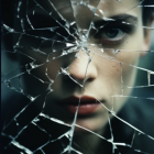 Intense gaze of a woman through shattered glass fragments